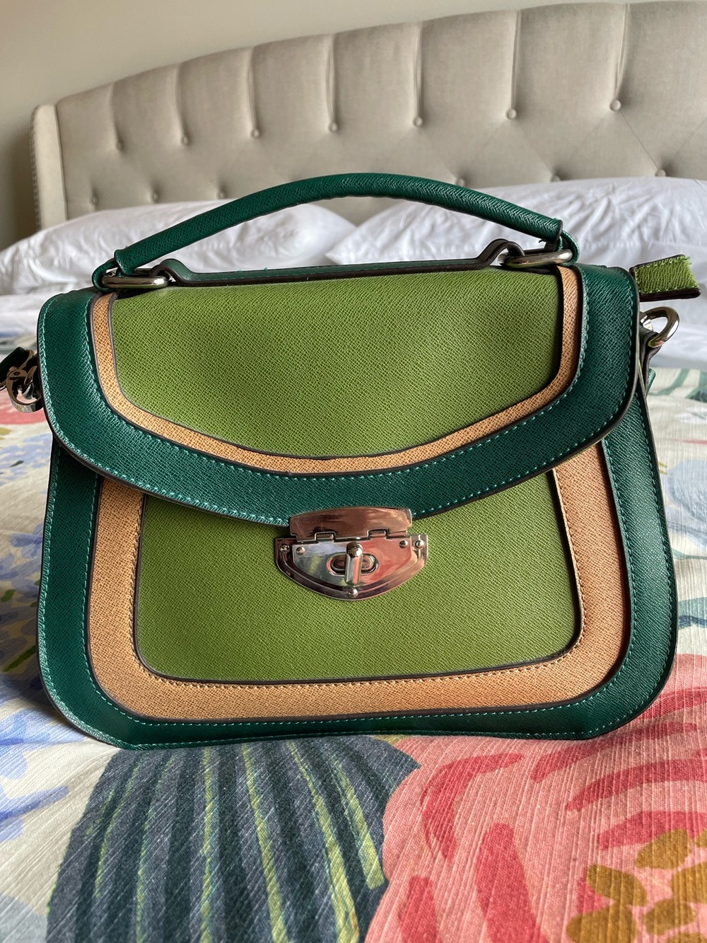 Vintage-Inspired Green Colorblock Satchel Crossbody Purse